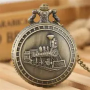 Bronze Locomotive Train Arabic Number Men's Quartz Analog Pocket Watch Chain