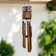 Handcrafted Wooden Owl Wind Chime with Bamboo Tubes