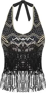 [Vxuxlje] Women's Belly Dance Top Shiny Sequin Tassel Halter Neck Backless Vest Top Rave Outfits