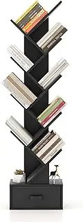 Giantex 10-Tier Tree Bookcase, Floor Standing Bookshelf w/Drawer for CDs/Movies/Books, Home Furniture Decoration Wooden Book Storage Organizer for Living Room, Bedroom, Office (Black)