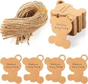 Spakon 100 Pcs Bear Shaped Thank You Gift Tags Baby Shower Party Favors Brown Kraft Paper Tags with String for Bear Theme Baby Shower Gender Reveal Wedding Christmas Birthday Party Favors