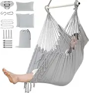 Homodoskey Hammock Chair Hanging Rope Swing Chair with 2 Seat Cushions & Installation Kit, Max 330 Lbs,Hammock Swing Hanging Chair for Bedroom Outside shanging Yard Patio Camping Garden (Light Grey)