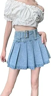 [Alloaone] Spring Summer High Waist Women's Denim Short Skirts with Belted Pleated Sexy Mini Skirt