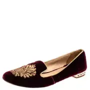 MiuMiu Red Velvet Crystal Heel Embroidered Vamp Loafer Flat Shoes-Sz40-Authentic