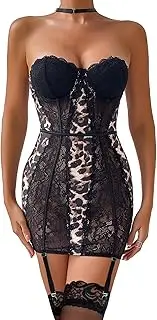 [Lilosy] Sexy Strapless Halter Satin Lace Choker Garter Belt Stockings Lingerie Set 2 Piece, Leopard, Large