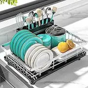 MERRYBOX Stainless Steel Dish Drying Rack for Kitchen Counter Sink，Rustproof Stainless Steel Dish Rack with Large 3-Compartment Utensil Holder