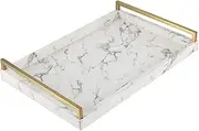 WV 17.8 * 11.8" White PU Leather Marble Finish Decorative Tray Serving Tray with Brushed Gold Handle for Coffee Table, Console Table, Ottoman