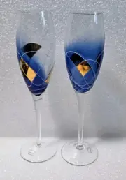 New Handblown Cobalt Blue & Gold Euroglass Romania Wine Glasses/Goblets Set of 2