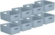 Superio 15L Medium Ribbed Storage Bin- Plastic Storage Bin (8 Pack, Stone Blue)