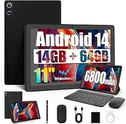 Android Tablet, 14GB RAM+64GB ROM (TF 1TB), 11 inch Android 14 Octa-Core, 6800mAh, Widevine L1, WiFi 6, 8 in 1 Tablet with Keyboard, Mouse, Protective Case, Stylus, Headset, Charger- Black