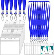 Glarks 50Pcs Name Tags ID Card Holders with Blue Lanyard Kit, Clear Plastic Horizontal Name Tags Badge ID Card Holders and Lanyards with Clip Swivel Hooks for Factory Worker, Students, Office Worker