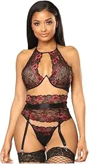 [Woblesal] Womens Cutout Lace Lingerie Set Floral Embroidered 3 Piece Outfits Bra and Thong with Garter Set Chemise Teddy