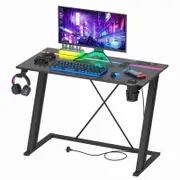 Advwin Gaming Desk Built-in LED Lights & Power Outlets 100cm Carbon Fiber Surface Computer Desk Black