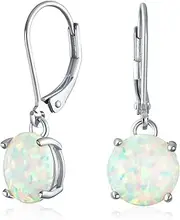 [Bling Jewelry] Classic Gemstone Circle Solitaire Fire Orange Pink Blue White Opal Dangle Lever Back Earrings For Women Teen .925 Sterling Silver October Birthstone