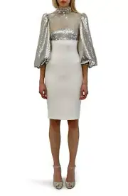 Badgley Mischka Collection Sequin High Neck Dress Size 14 Women Ivory