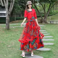 在飛比找蝦皮商城精選優惠-中國風女裝新款春夏麗江雲南服裝女民族風棉麻兩件套紅色舞蹈套裝