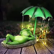 Frog Garden Decor, Solar Frog and Umbrella Statues LED Lights, Waterproof Resin LED Cute Frog Sculpture Lights Funny Creative Frog Ornament for Yard Lawn Patio 20x8.5x18cm