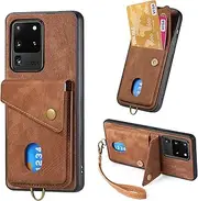 Compatible with Samsung Galaxy S20 Ultra Wallet Cover,Compatible with Samsung Galaxy S11 Plus Card Holder [PC+TPU+PU] 3 in 1 Kickstand Phone Case Brown