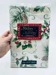 Happy Holiday Vinyl Christmas Tablecloth 52 X 52 Square Pine Cones Holly Berries