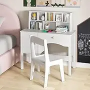 HONEY JOY Kids Study Desk and Chair Set, Children Wooden Craft Table with Chair, Hutch and Storage Cabinet for 3+ Years Old, Student Writing Desk Computer Workstation for Bedroom, White
