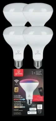 4 Pack Globe Electric RGB 65 W E26 BR30 Wi-Fi Smart LED Light Color Bulbs