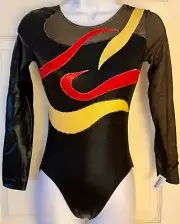 GK LgSLV LADIES SMALL BLACK MYSTIQUE RIBBONS MESH GYMNASTIC DANCE LEOTARD Sz AS