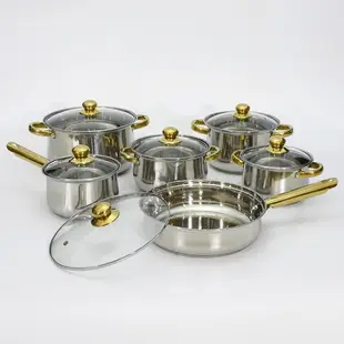 【套裝鍋具】跨境貨源不銹鋼12件套鍋 廚房電磁爐烹飪套裝鍋鍍金手柄復底鍋具