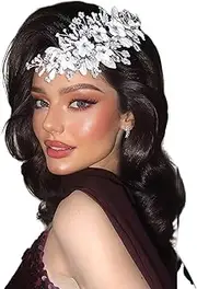 [JHOO] Flower Bridal Wedding Hair Piece, Handmade Pearl Hair Accessories, Silver Rhinestone Headpiece for Women and Bridesmaids HP856, one size, Alloy Electroplate, Soft Ceramic Flowers, Pearls