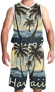 [KQNZT] Basketball Jerseys Shorts Sport Set, Jerseys for Men, Men's Basketball Jersey, Hawaiian Island Coconut Tree Sea