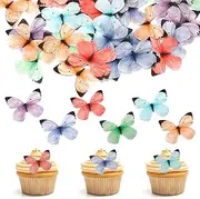 50Pcs Edible Butterfly Cupcake Toppers, Wafer Paper Butterfly Cake Decorations, Small Pastel Colorful Butterflies for Wedding, Baby Shower, Birthday Party Cake Toppers