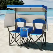 CostwayDouble Beach Chair with Adjustable Canopy and Cup Holders-Navy