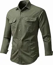 [BADJAS] Men's Cargo Shirt Trend Stitching Pocket Outdoor Camping Training Trendy Versatile Basic Casual Long-Sleeved Shirt Top XXL ArmyGreen
