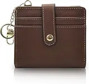 [FuninCrea] Small Purses for Women, Ladies Leather Purse Folding Womens Purse with ID Window and Keychain, Bi-fold Small Purse Portable Womens Wallet with 8 Card Slots and Coin Pocket, Brown, 9.5 x 2 x