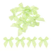 30Pcs Mini Gingham Ribbon Bow 1.5" Checkered Fabric Satin Light Green and White