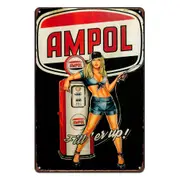2x Ampol Tin Metal Sign Auto Oil Station Lady Rustic Look Vintage Man Cave