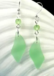 PERIDOT GREEN Cultured sea glass puffed WAVE shape earrings w bead 1-1/2" L