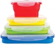 Thin Bins Collapsible Containers - Set of 4 Rectangle Silicone Food Storage Containers - BPA Free, Microwave, Dishwasher and Freezer Safe - No More Cluttered Container Cabinet!