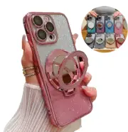 For iPhone 15 14 13 12 11 Pro Max Glitter Magnetic Mirror Ring Stand Case Cover