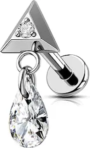 [OUFER] Dangle Triangle Helix Piercing Jewelry, G23 Titanium 16G Internally Threaded Flat Back Piercings Silver Helix Cartilage Tragus Conch Piercing Jewelry