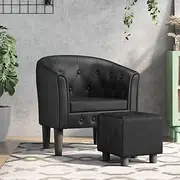 Tub Chair with Footstool, Faux Leather Seat for Living Room, Grey Accent for Small Spaces, Single Padded Modern Chair - Recliner Sofa