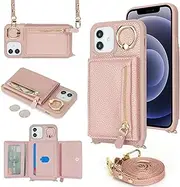 Cavor Crossbody Wallet for iPhone 12 Mini Leather Case for iPhone12mini Case 5.4'' Flip Cover Card Slots with 360°Rotation Ring Holder Kickstand & Long Shoulder Lanyard Strap-Rose