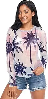 [RPLIFE] Navy Blue Palm Trees Mesh Top Women Long Sleeve, Sheer Tops S-XXL