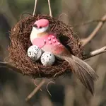 仿真鳥窩鳥巢 藤編仿真羽毛小鳥 純手工藝品復活節鳥籠藝術鳥裝飾