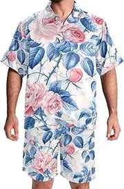 [KQNZT] Men's Hawaiian Shirts and Shorts Set, Mens 2 Piece Outfits, Mens Vacation Outfits, Pink Rose Flower Butterfly Retro, Mens Matching Shirt and Shorts Set
