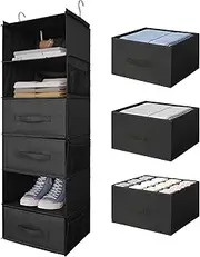 [DonYeco] 6-Shelf Hanging Closet Organizer with Drawers, Wardrobe Clothes Storage Foldable Portable Hanging Closet Shelves for Clothes Shoes, 47"x13.75"x12.25", Black