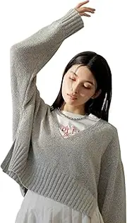 [VIS] Bis BVM35070 Women's Knit Pullover, Deep V Neck Mixed Knit Pullover