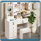 White Dressing Table Stool Set With LED Sliding Mirror Shelf Makeup Vanity Desk