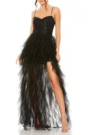 Mac Duggal Ruffle High Low Tiered Train Sequin Mini Dress in Black at Nordstrom, Size 14
