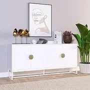 160cm Wooden Sideboard Buffet 4 Door Modern Storage Unit with Metal Base (White)