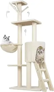Advwin Cat Tree 145CM, Multi-Level Kitten Furniture Condo Post, Scratching Tower Scratching Posts withToys Kitty Pet Play House, Beige
